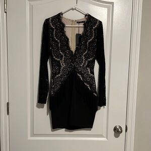 Nasty Gal Black and Cream Lace Long Sleeve Dress